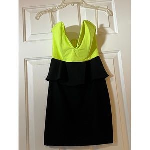 Akira Chicago Red Label Neon Green and Black Deep V Peplum Dress